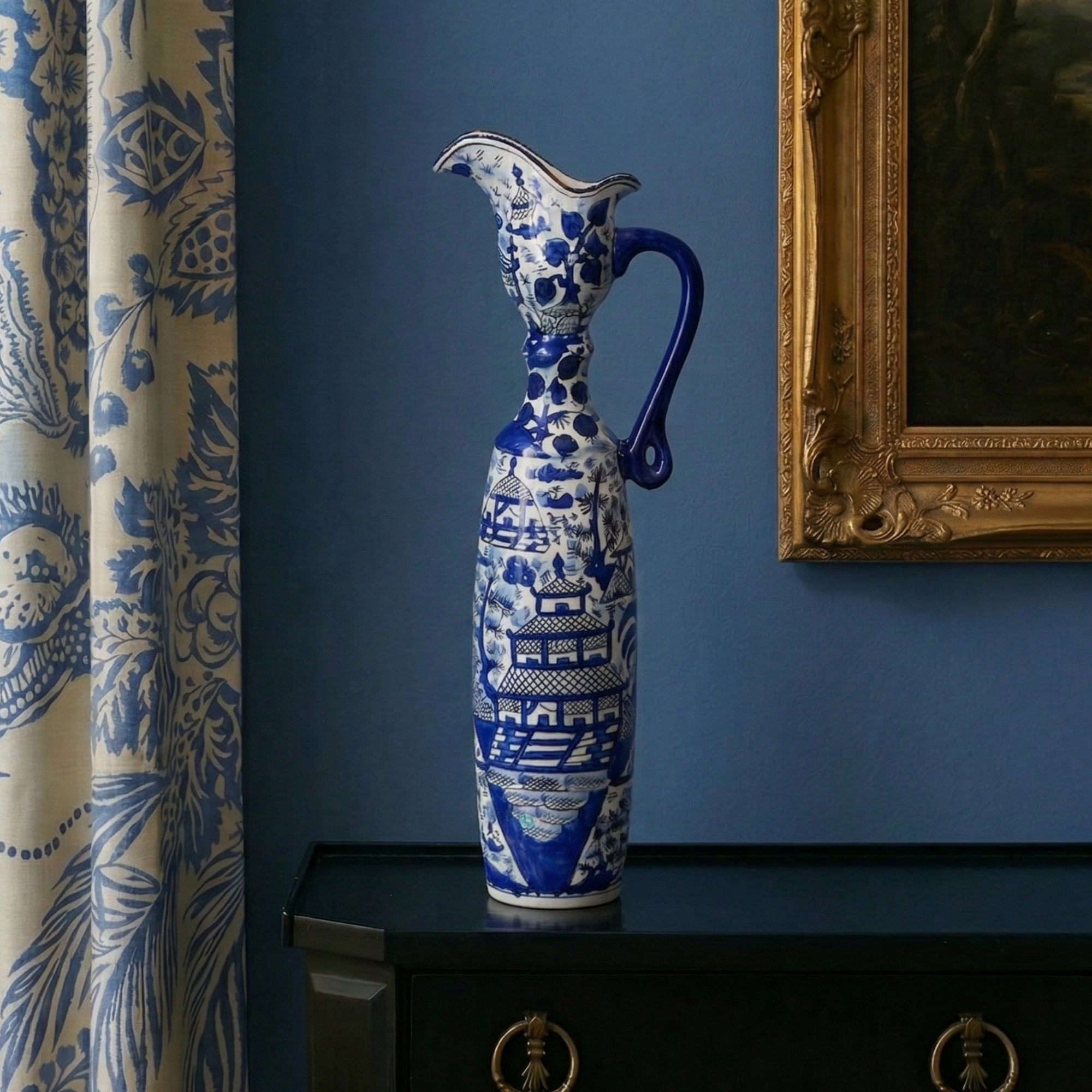 chinese ceramic long decorative pitcher cylindrical tall showpiece for home decor accent with traditional artistic printed design